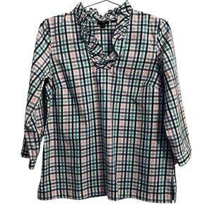 Talbots Women’s Pastel Plaid Ruffle Collar 3/4 Sleeve Top 4p